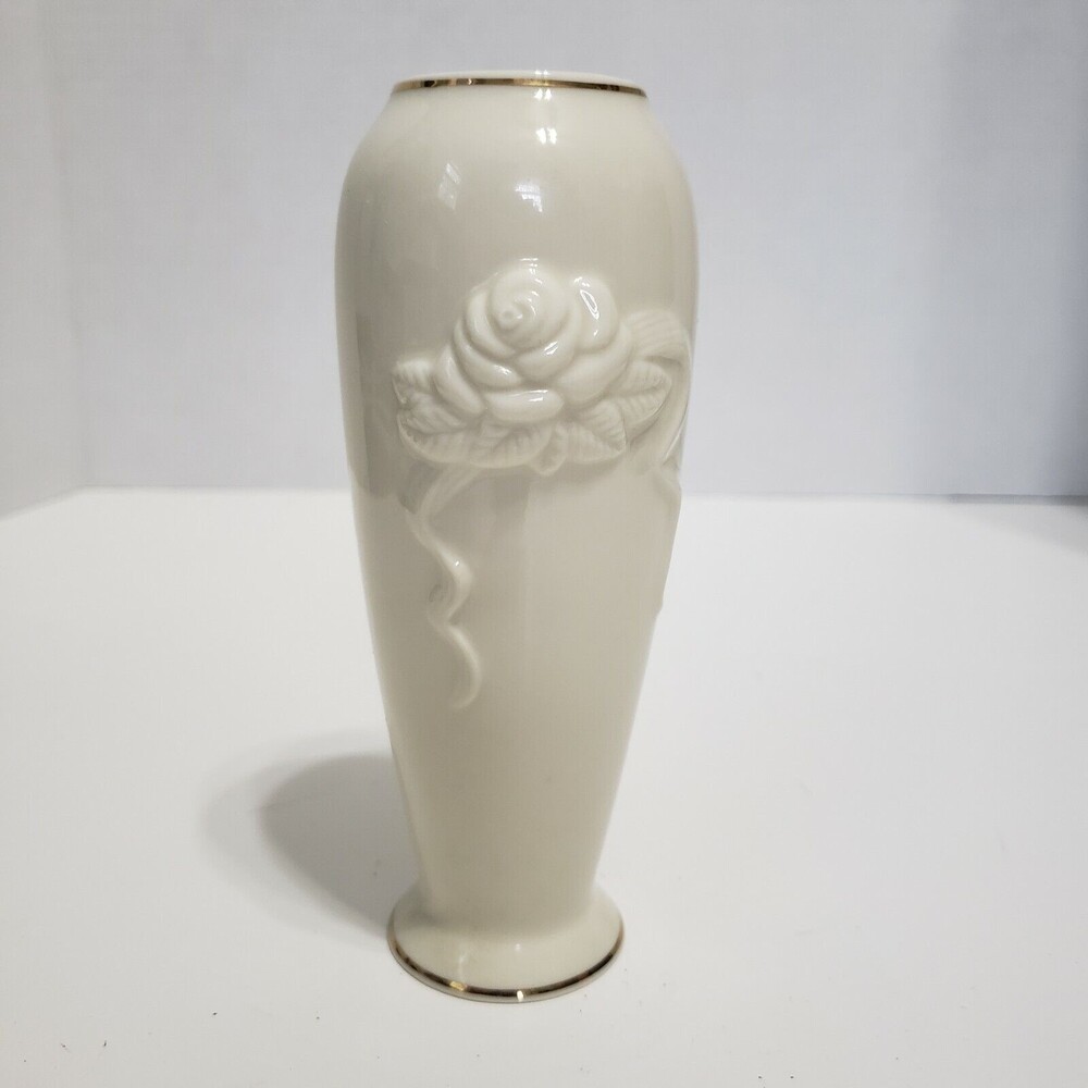 Lenox Bud Vase Vintage Embossed Rose Ivory Porcelain Gold Trim 6 inch Imperfect